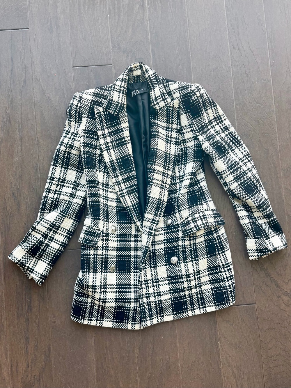 $179 Zara Plaid Black & White Tweed Women's Double Breasted Blazer Jacket XS